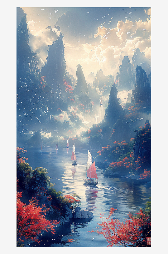 山脉下河流中的船只场景-众图网