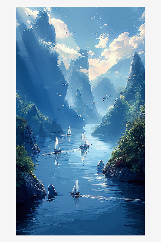 山脉下河流中的船只场景-众图网