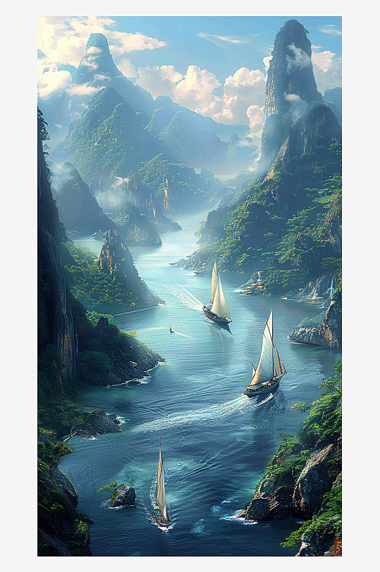 山脉下河流中的船只场景-众图网