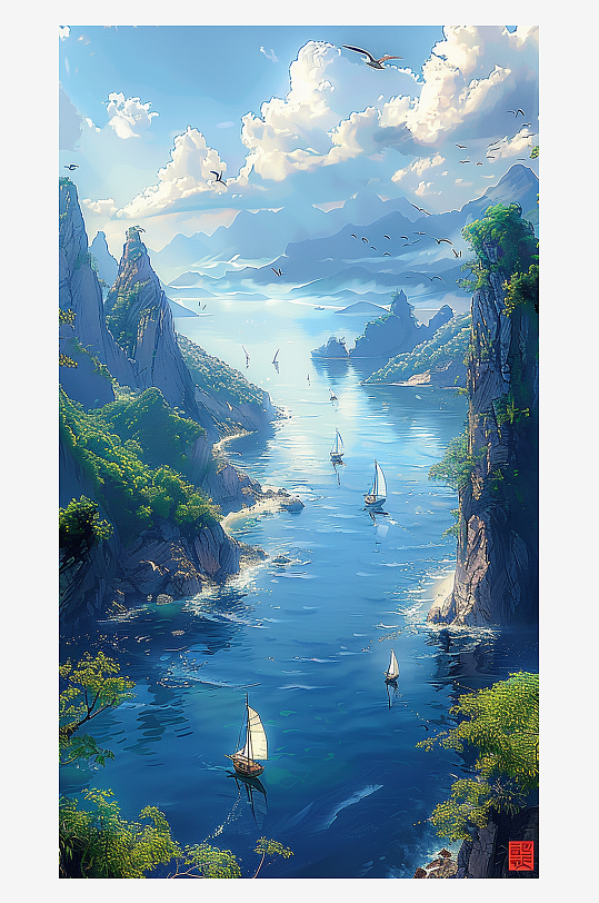 山脉下河流中的船只场景-众图网