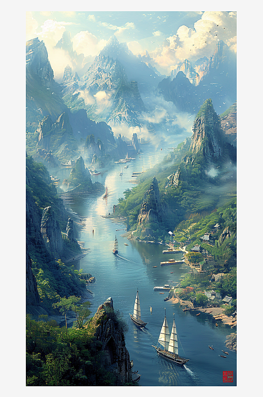 山脉下河流中的船只场景-众图网