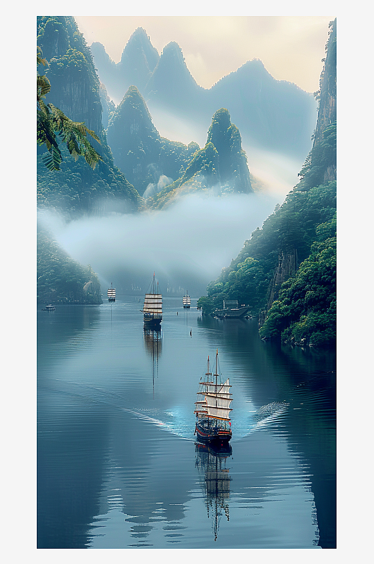 山脉下河流中的船只场景-众图网