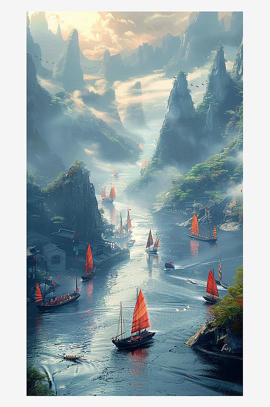 山脉下河流中的船只场景-众图网