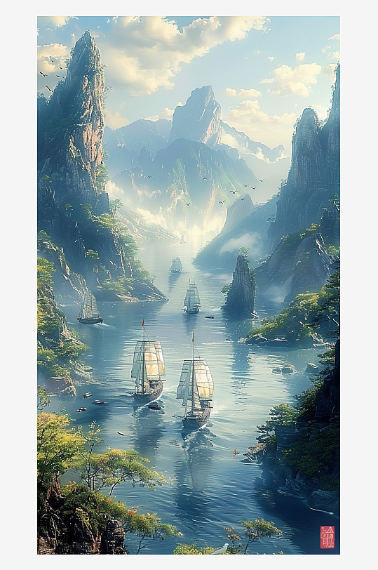 山脉下河流中的船只场景-众图网