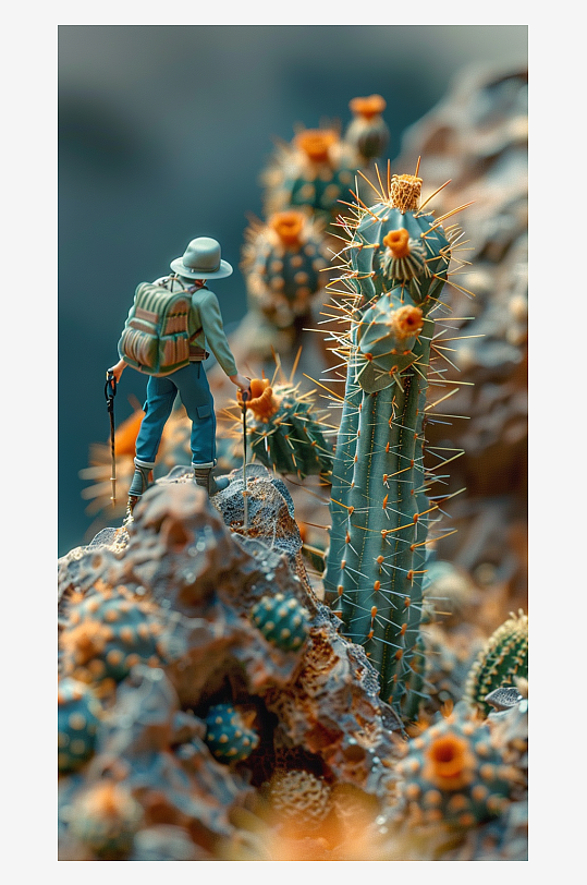 创意微距仙人掌上的小人-众图网