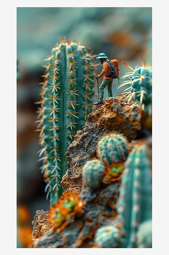 创意微距仙人掌上的小人-众图网