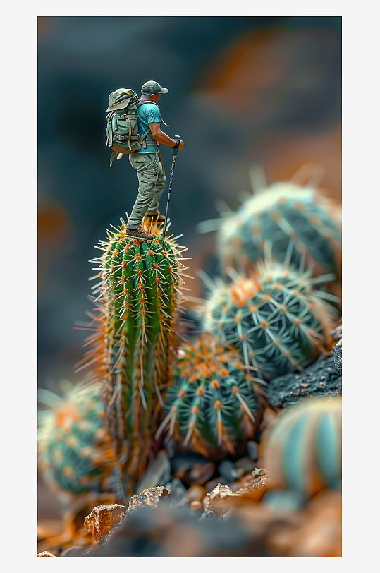 创意微距仙人掌上的小人-众图网