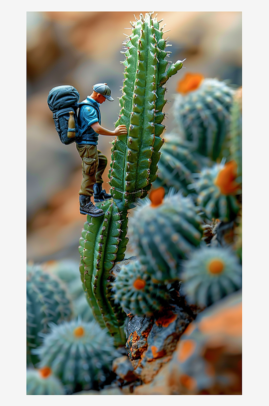 创意微距仙人掌上的小人-众图网