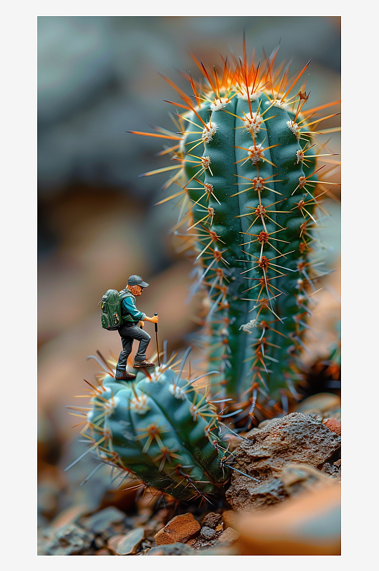 创意微距仙人掌上的小人-众图网