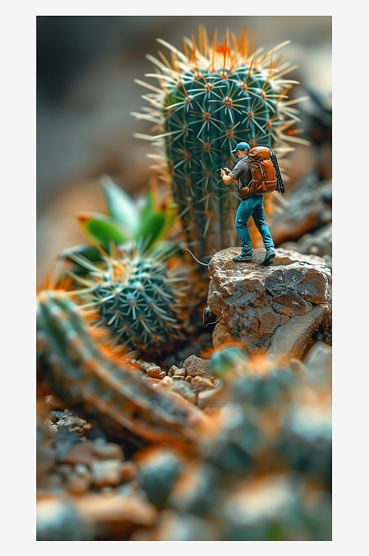 创意微距仙人掌上的小人-众图网