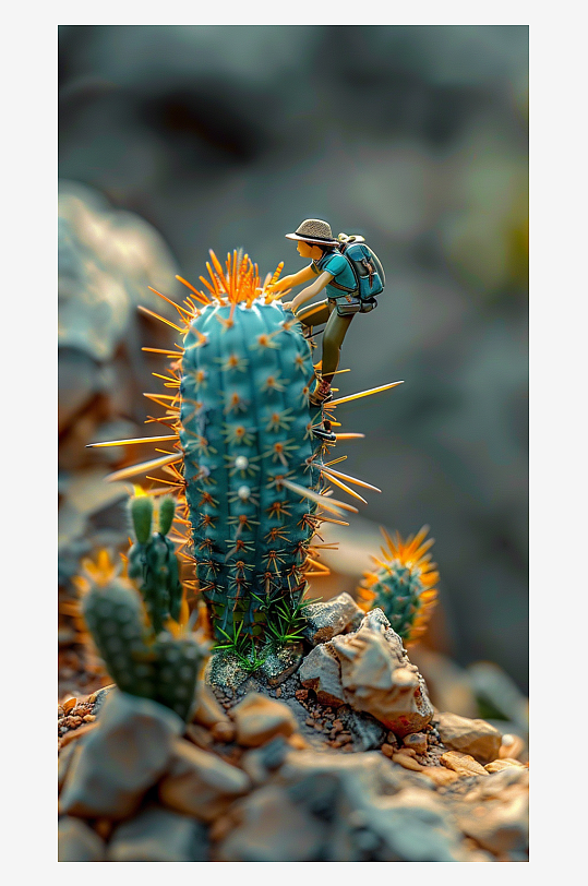 创意微距仙人掌上的小人-众图网