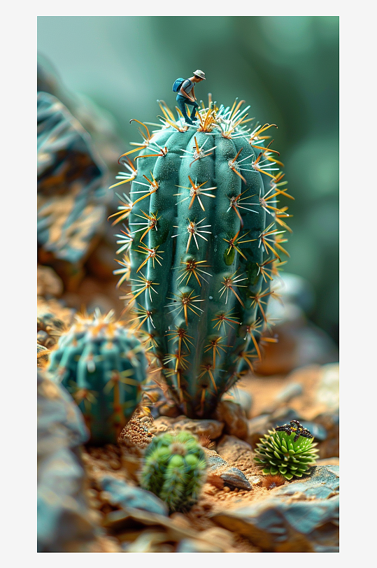 创意微距仙人掌上的小人-众图网