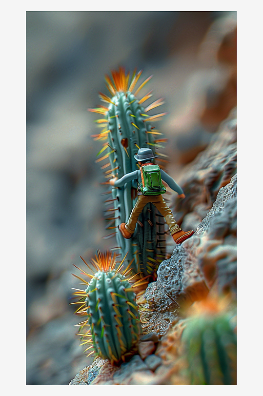 创意微距仙人掌上的小人-众图网