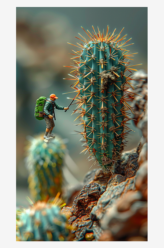 创意微距仙人掌上的小人-众图网