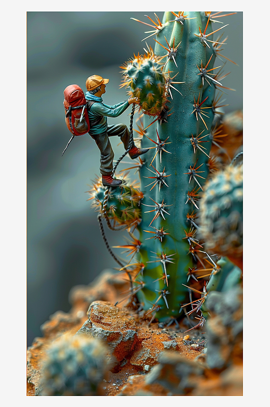 创意微距仙人掌上的小人-众图网