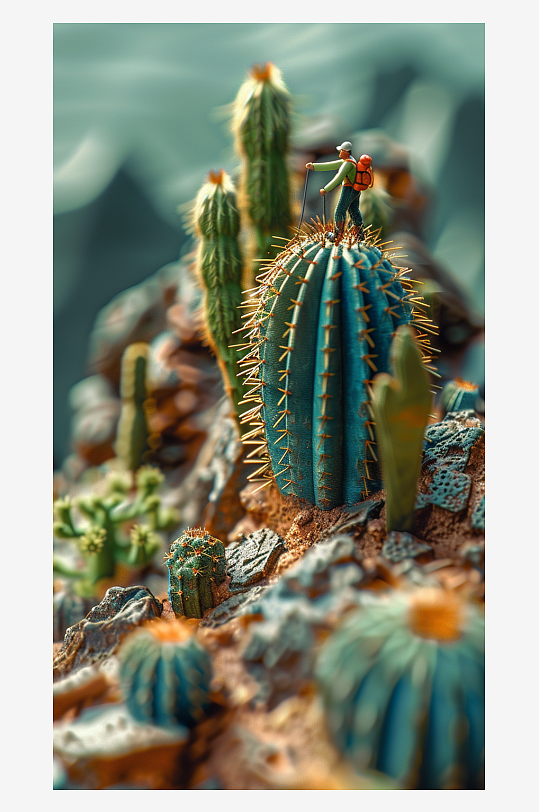 创意微距仙人掌上的小人-众图网