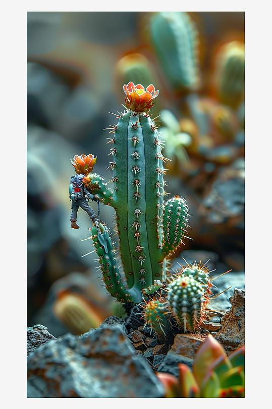 创意微距仙人掌上的小人-众图网