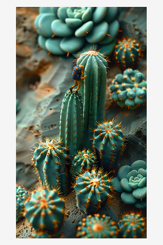 创意微距仙人掌上的小人-众图网