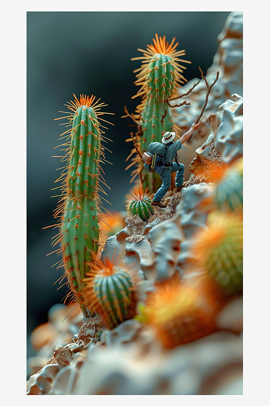 创意微距仙人掌上的小人-众图网