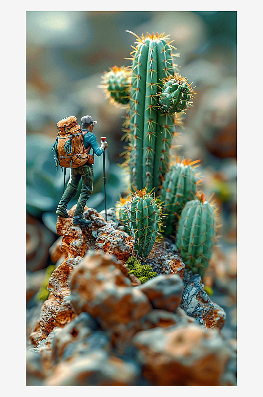 创意微距仙人掌上的小人-众图网