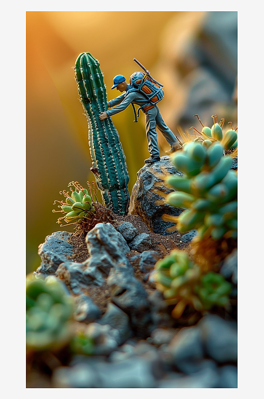 创意微距仙人掌上的小人-众图网