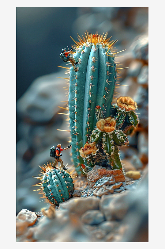 创意微距仙人掌上的小人-众图网