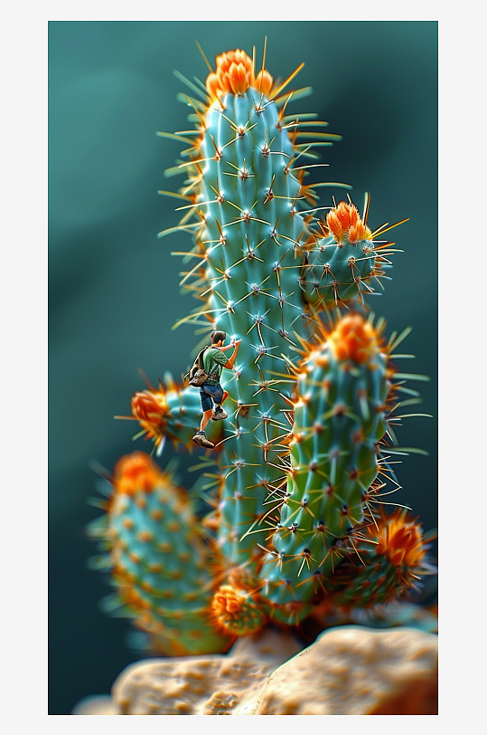 创意微距仙人掌上的小人-众图网