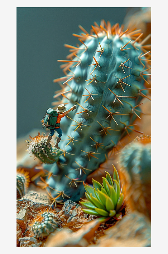 创意微距仙人掌上的小人-众图网