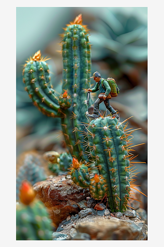 创意微距仙人掌上的小人-众图网