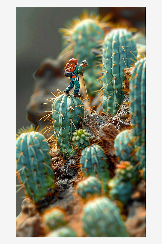 创意微距仙人掌上的小人-众图网