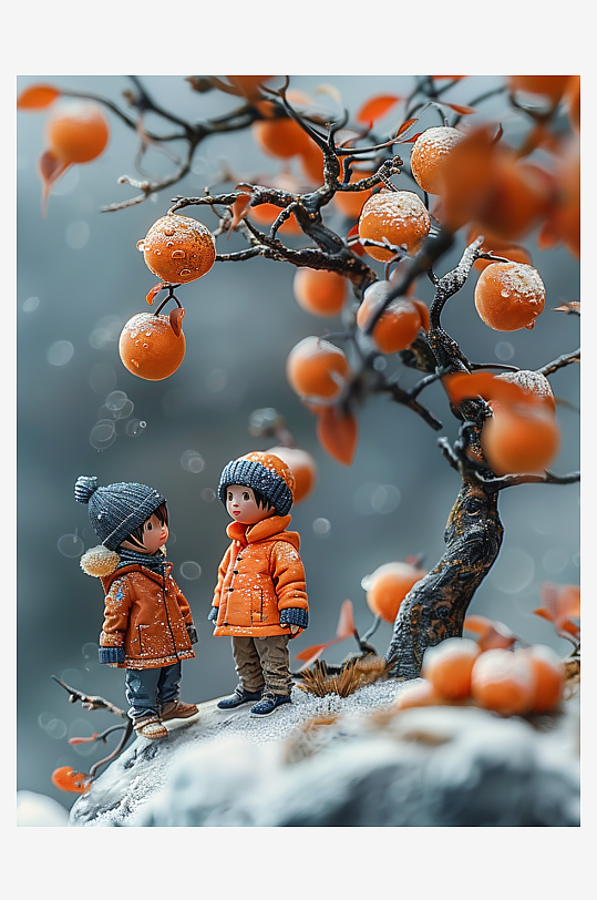 创意微距柿子树下的小人-众图网