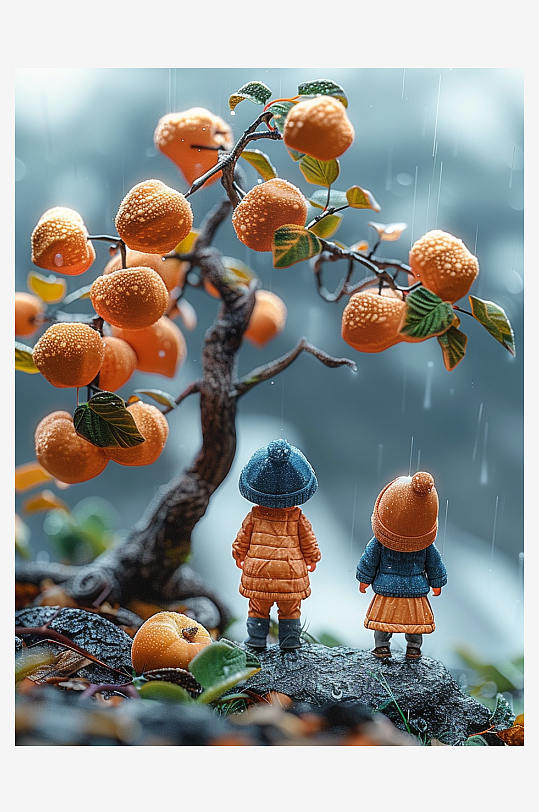 创意微距柿子树下的小人-众图网
