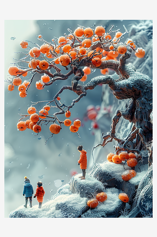 创意微距柿子树下的小人-众图网