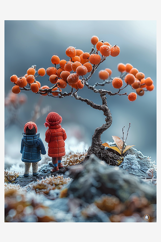 创意微距柿子树下的小人-众图网