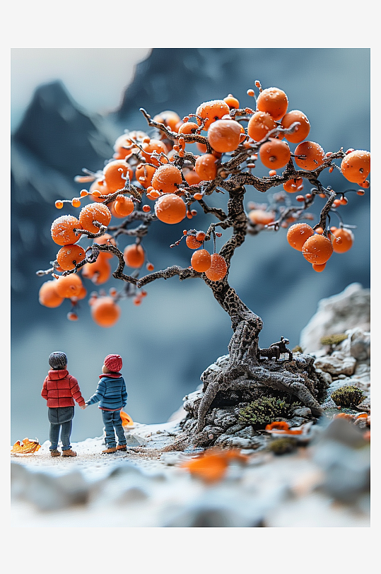 创意微距柿子树下的小人-众图网