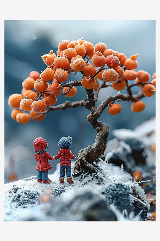 创意微距柿子树下的小人-众图网