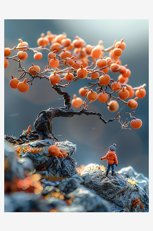创意微距柿子树下的小人-众图网