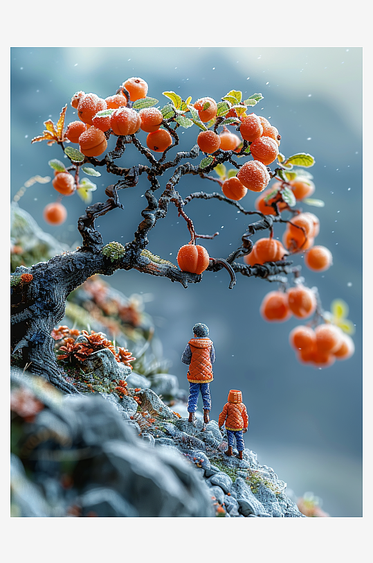 创意微距柿子树下的小人-众图网