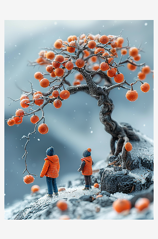 创意微距柿子树下的小人-众图网