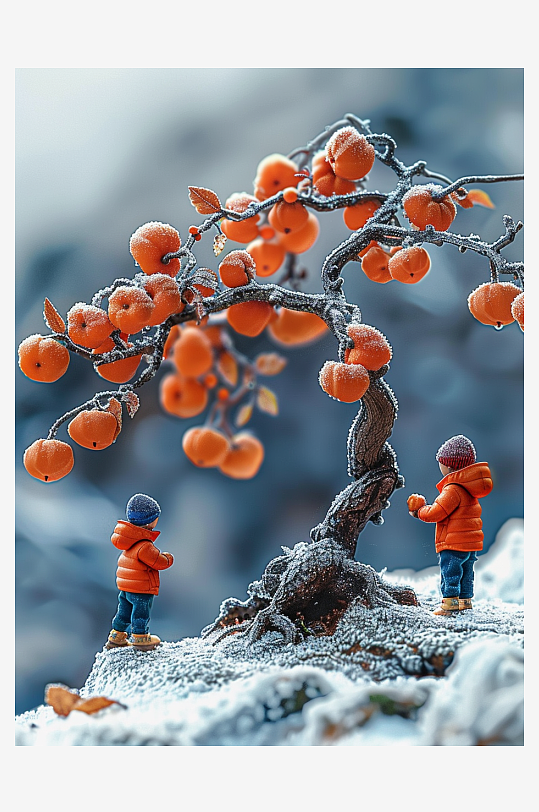 创意微距柿子树下的小人-众图网