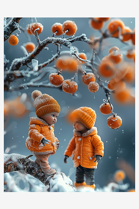 创意微距柿子树下的小人-众图网