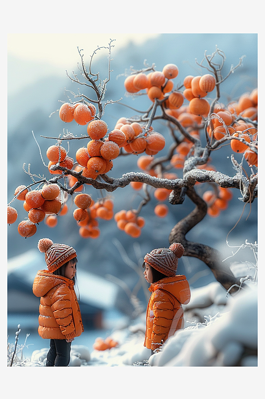 创意微距柿子树下的小人-众图网