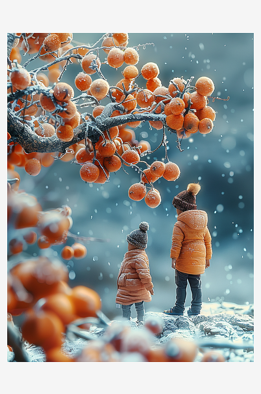 创意微距柿子树下的小人-众图网