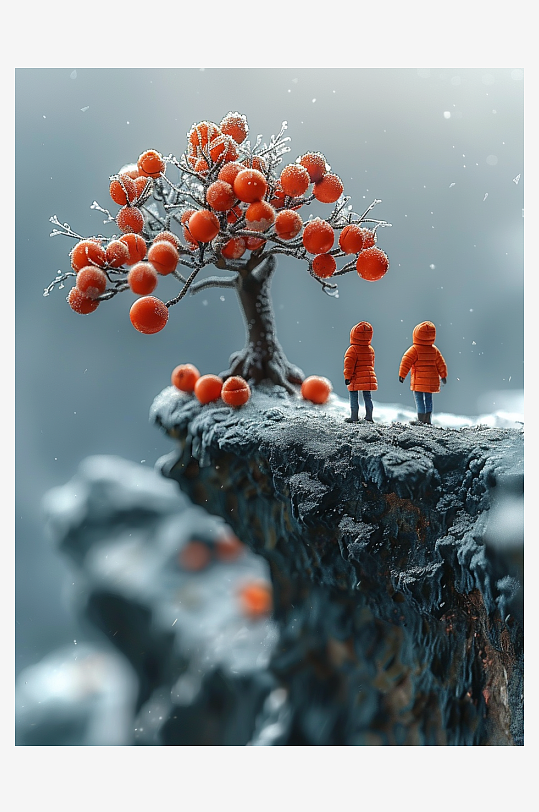 创意微距柿子树下的小人-众图网