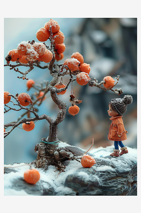 创意微距柿子树下的小人-众图网