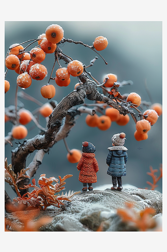 创意微距柿子树下的小人-众图网