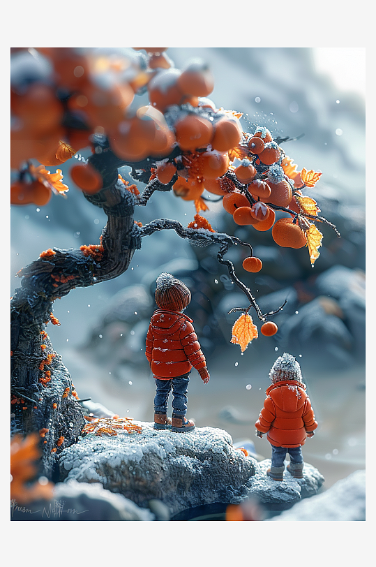 创意微距柿子树下的小人-众图网