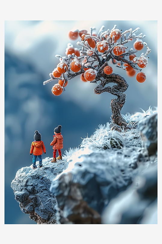 创意微距柿子树下的小人-众图网