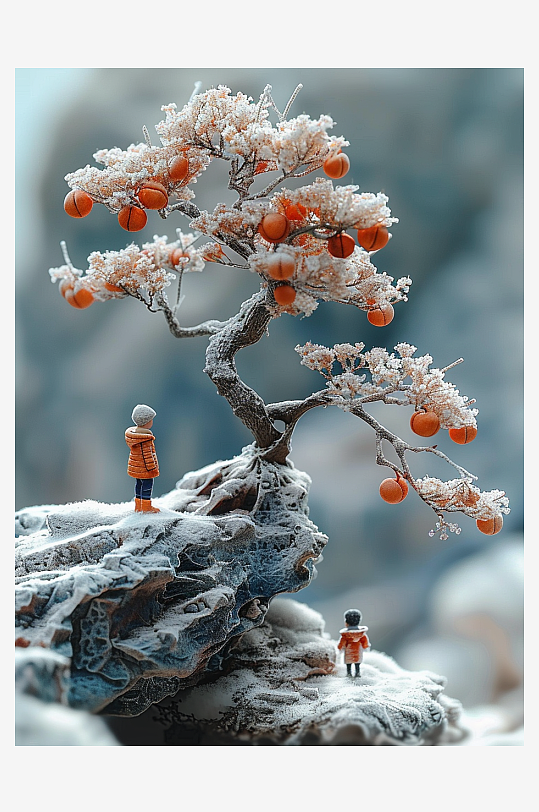 创意微距柿子树下的小人-众图网