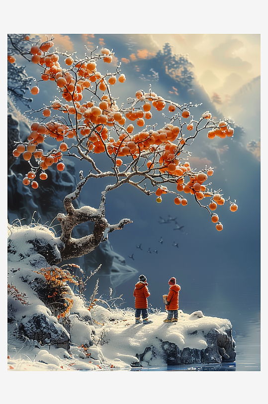 创意微距柿子树下的小人-众图网